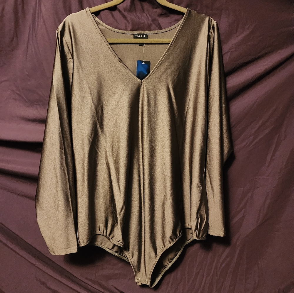 Shiny Nylon Deep V-Neck Long Sleeve Bodysuit
